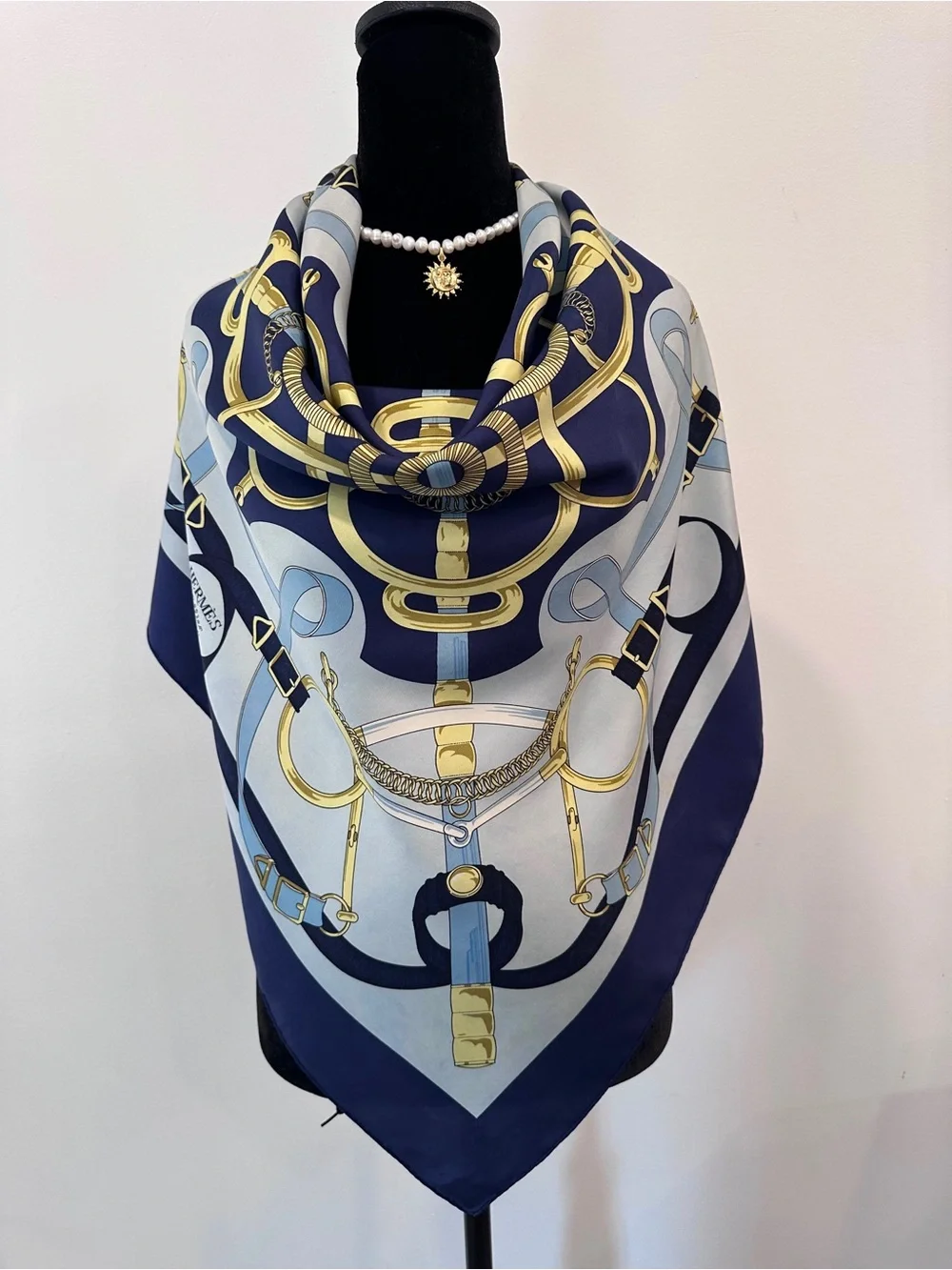 Hermes Silk Scarf Blue White Hand Rolled Made in France